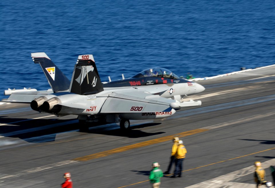 US Navy 101023-N-2686K-250 An EA-18G Growler assigned to Electronic Attack Squadron (VAQ) 141 launches from the aircraft carrier USS George H.W. Bu