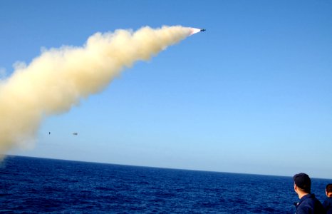US Navy 101027-N-6632S-217 ailors aboard the guided-missile cruiser USS Gettysburg (CG 64) observe a Harpoon anti-ship missile as it launches from