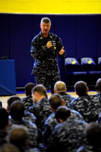 US Navy 101025-N-7526R-237 Master Chief Petty Officer of the Navy (MCPON) Rick D. West addresses more than 200 Sailors during an all-hands call at