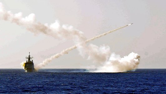 US Navy 101027-N-8913A-019 The guided-missile cruiser USS Gettysburg (CG 64) fires a Harpoon anti-ship missile at the ex-USNS Saturn during a sinki