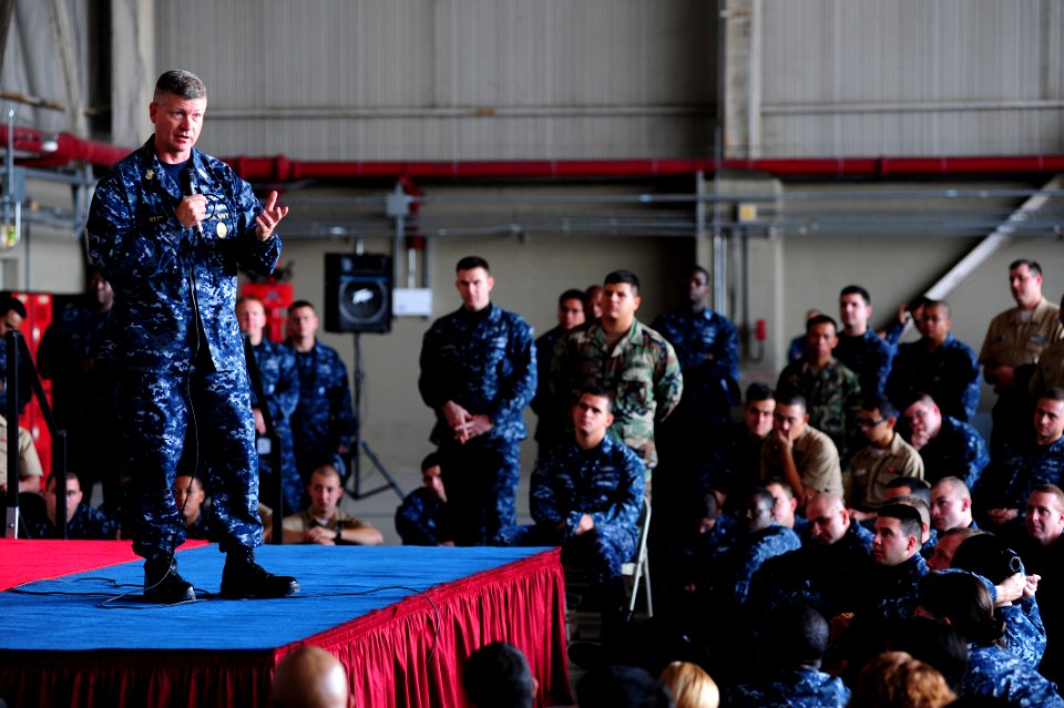 US Navy 101026-N-7526R-210 Master Chief Petty Officer of the Navy (MCPON) Rick D. West answers questions from Sailors during an all-hands call at N