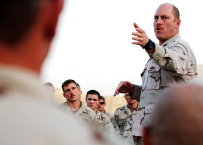 US Navy 101030-N-6499D-154 Capt. Vincent Martinez, commodore of Expeditionary Combat Forces and commander of Task Force 56, speaks to Sailors assig