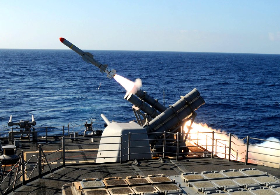 US Navy 101027-N-6632S-200 The guided-missile cruiser USS Gettysburg (CG 64) fires a Harpoon anti-ship missile at the ex-USNS Saturn during a sinki