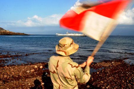 US Navy 101029-N-7293M-371 Seaman Kevin Rovito, assigned to Beachmaster Unit (BMU) 2, waves the Uniform flag to signal the location of the landing