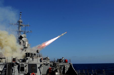 US Navy 101027-N-1854W-012 The guided-missile destroyer USS Mitscher (DDG 57) launches a Harpoon anti-ship missile at the ex-USNS Saturn during a s