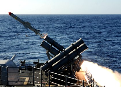 US Navy 101027-N-3374C-101 he guided-missile cruiser USS Gettysburg (CG 64) fires a Harpoon anti-ship missile at the ex-USNS Saturn during a sinkin