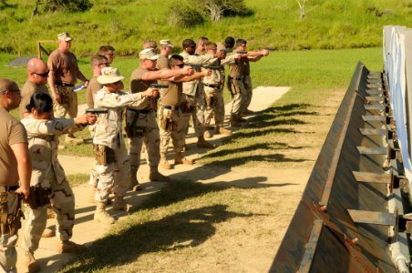 US Navy 101028-N-4936C-157 Members of the Navy Expeditionary Guard Battalion (NEGB) conduct a firing range exercise at Windward Range