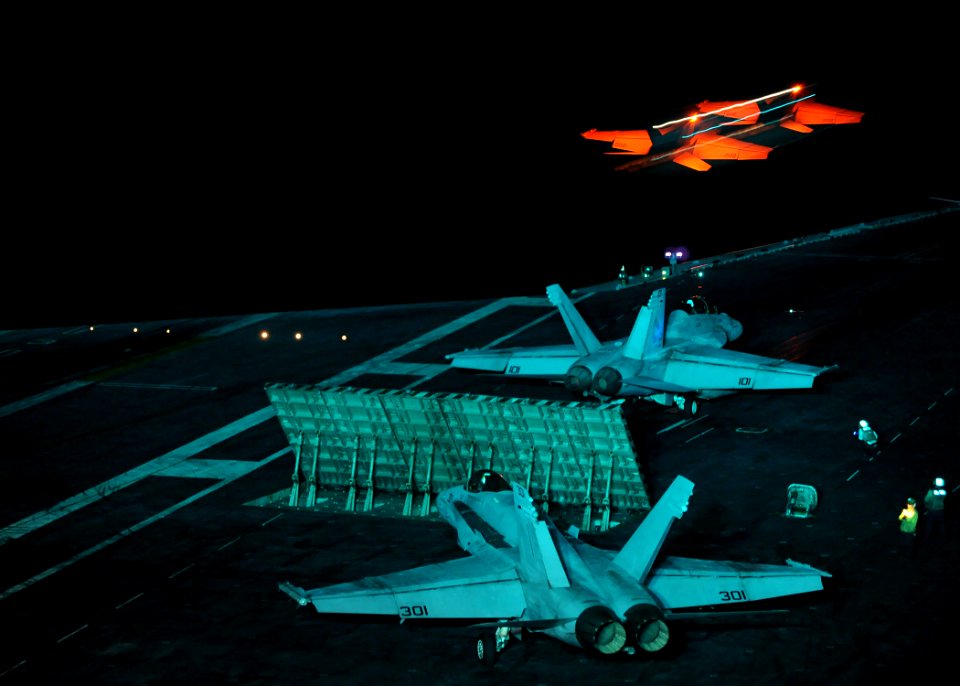 US Navy 101101-N-2821G-162 An F-A-18E Super Hornet assigned to the Kestrels of Strike Fighter Squadron (VFA) 137 launches from the aircraft carrier