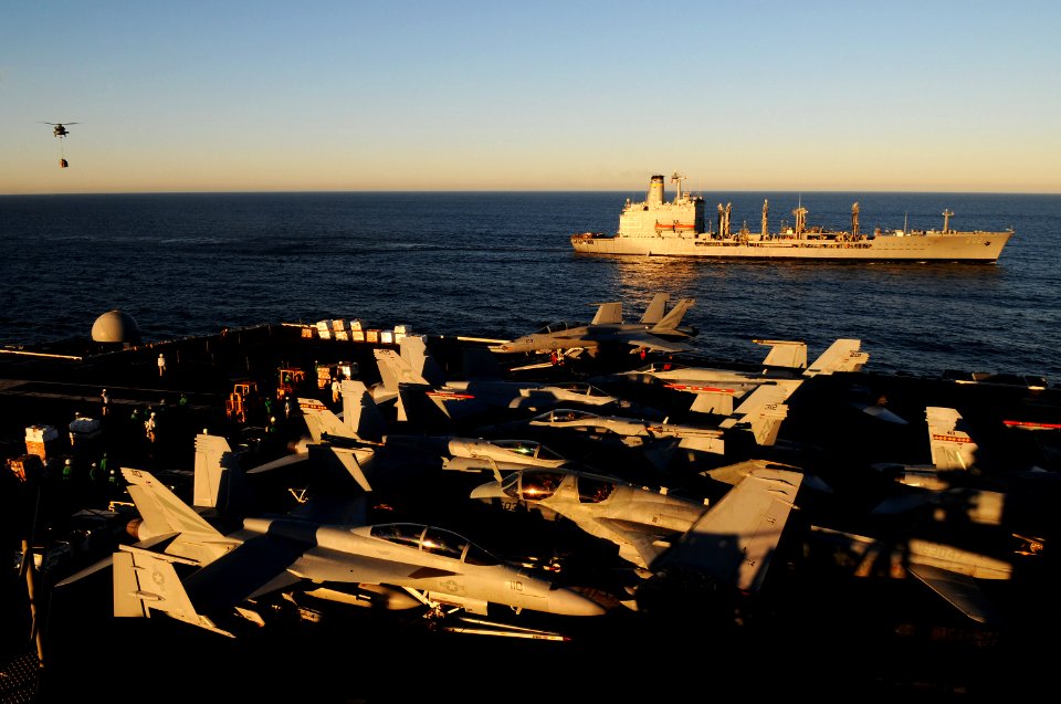 US Navy 101103-N-0232G-167 The aircraft carrier USS Ronald Reagan (CVN 76) conducts a vertical replenishment with the Military Sealift Command flee