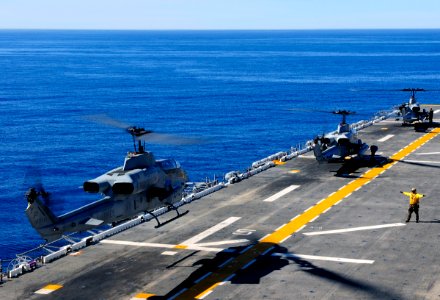 US Navy 101104-N-3659B-024 An aviation boatswain's mate (handling) gives hand signals to land an AH-1 Cobra assigned to the Evil Eyes of Marine Med
