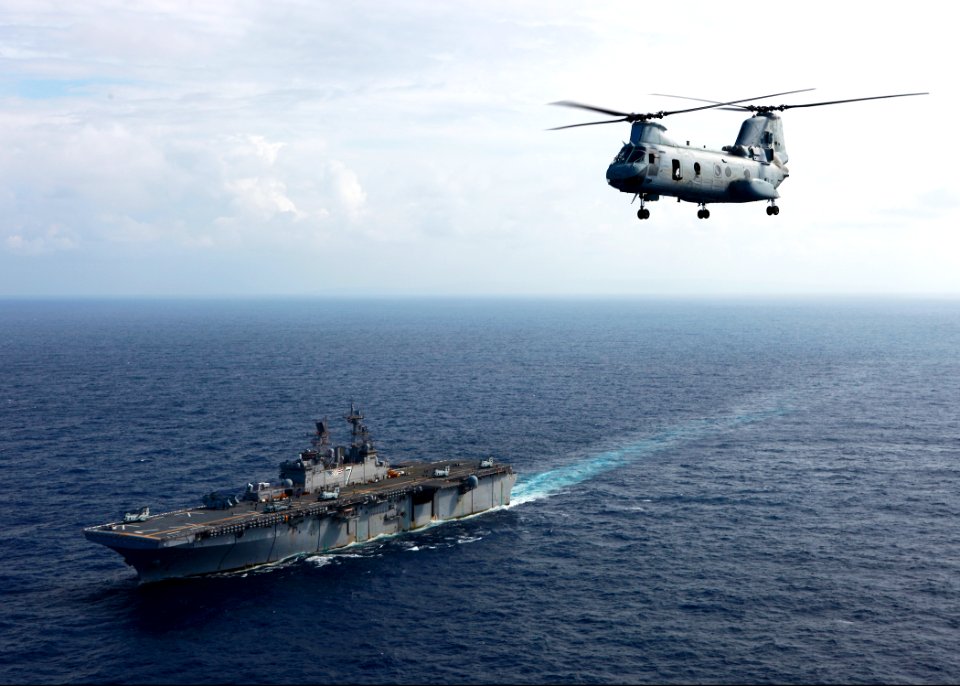 US Navy 101106-M-6740B-433 A CH-46E Sea Knight helicopter assigned to Marine Medium Helicopter Squadron (HMM) 774 departs the multi-purpose amphibi