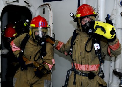 US Navy 101104-N-3154P-007 Sailors use a naval firefighting thermal imager during an at sea fire party exercise aboard the amphibious assault ship