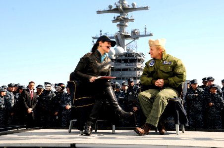 US Navy 101108-N-3885H-199 Dana Jacobson, left, one of the hosts of the ESPN2 television show, ESPN First Take, speaks with Rear Adm. Nora Tyson, c