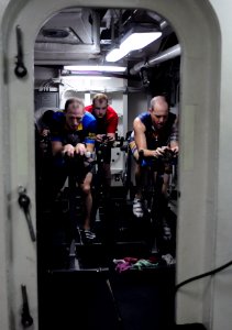 US Navy 101107-N-5503T-346 Lt. j.g. Chad Haack, left, and Master Chief Electronics Technician Jim Ritch cross the halfway point of the simulated bi
