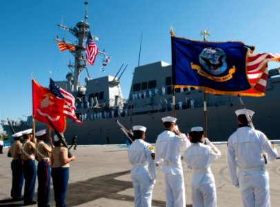 US Navy 101105-N-7948C-075 An honor guard stands at attention as the Arleigh Burke-class guided-missile destroyer Pre-Commissioning Unit (PCU) Jaso