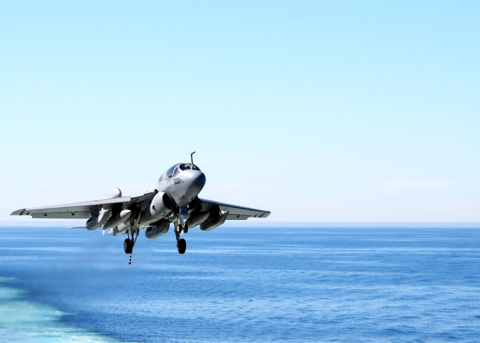 US Navy 101105-N-1004S-024 An EA-6B Prowler assigned to the Cougars of Tactical Electronic Warfare Squadron (VAQ) 139 prepares to land aboard the a