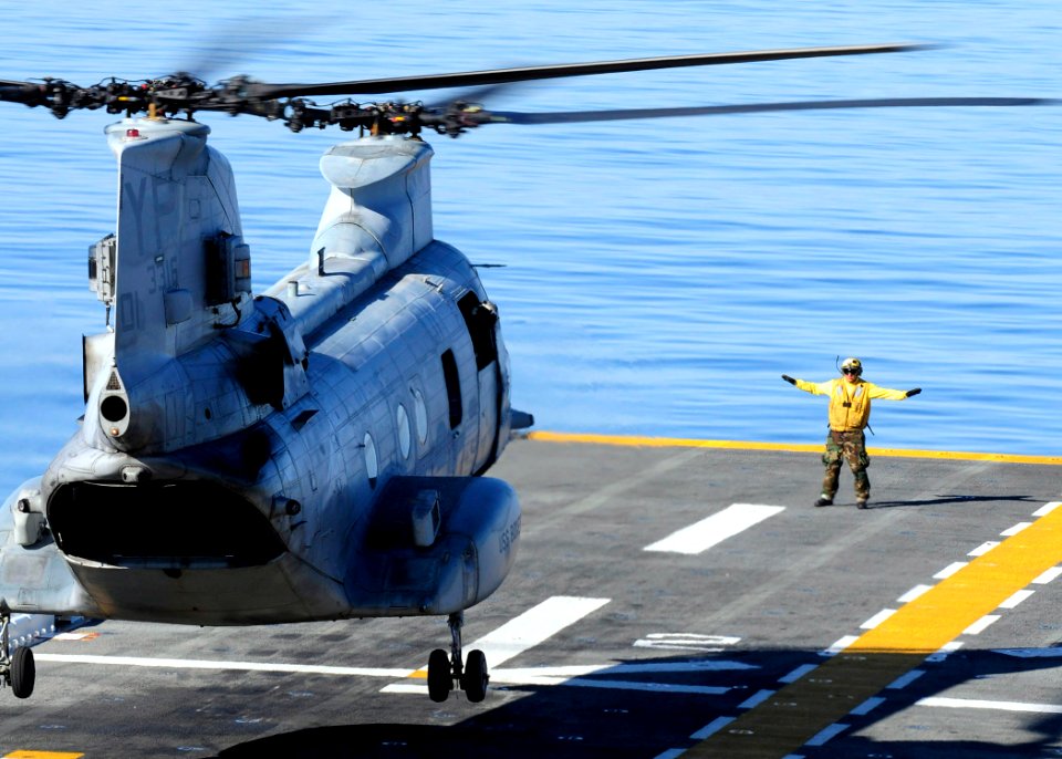 US Navy 101105-N-3659B-192 A CH-46E Sea Knight helicopter assigned to the Evil Eyes of Marine Medium Helicopter Squadron (HMM) 163