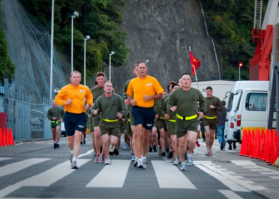 US Navy 101110-N-5758H-049 Vice Adm. Scoot Van Buskirk, center, commander of U.S. 7th Fleet, leads Marines assigned to Fleet Anti-Terrorism Securit