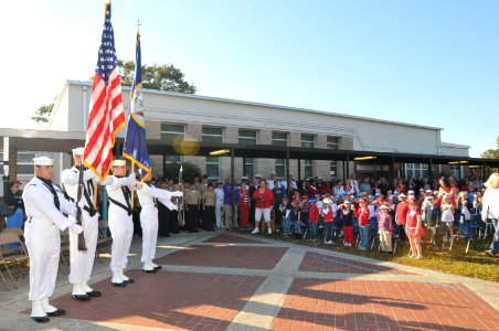 US Navy 101109-N-8102J-022 Members of the Naval Station Mayport Color Guard participate in a Veteran's Day ceremony at San Pablo Elementary School photo