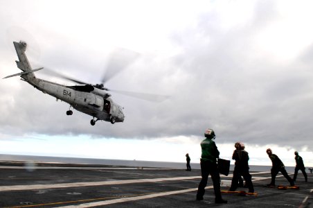 US Navy 101107-N-0232G-084 An SH-60F Sea Hawk helicopter assigned to the Black Knights of Helicopter Anti-Submarine Squadron (HS) 4 lifts off from