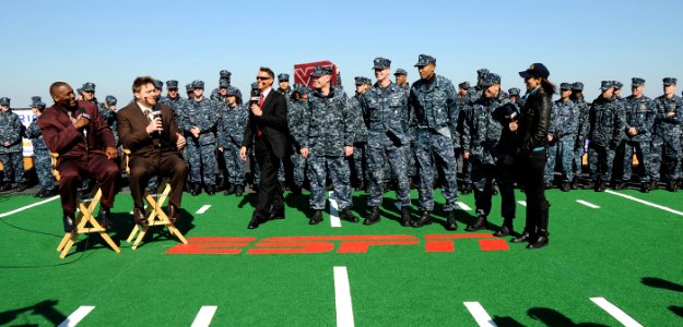 US Navy 101108-N-3885H-273 Hosts of the ESPN2 television show, ESPN First Take, conduct a question and answer session with Sailors on the flight de