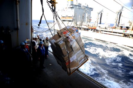US Navy 101110-N-8335D-998 Sailors aboard the amphibious dock landing ship USS Harpers Ferry (LSD 49) receive a pallet of stores during a connected