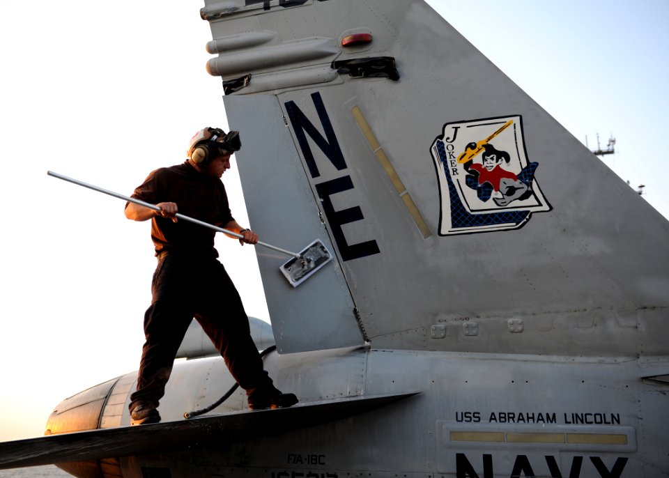 US Navy 101112-N-5016P-050 Aviation Structural Mechanic Airman Recruit Andrew Lyons, assigned to the Blue Blasters of Strike Fighter Squadron (VFA)