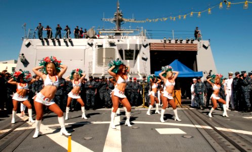 US Navy 101109-N-7948C-054 Miami Dolphins cheerleaders perform for the Sailors aboard the guided-missile destroyer Pre-Commissioning Unit (PCU) Ja