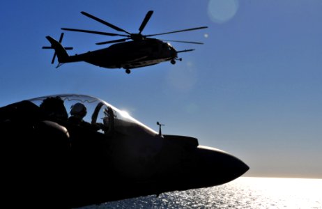 US Navy 101111-N-1722W-043 An H-53 Sea Stallion helicopter from the Evil Eyes of Marine Medium Helicopter Squadron (HMM) 163 prepares to land aboar