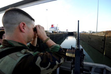 US Navy 101111-N-7589W-048 Master-at-Arms 3rd Class Samual Buffington stands forward watch aboard High Speed Vessel Swift (HSV 2) during its transi