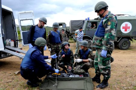US Navy 101115-N-8546L-382 A Uruguayan army explosive ordnance disposal officer explains to her explosive ordnance disposal response team photo