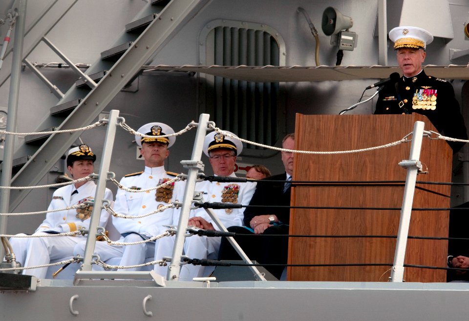 US Navy 101113-N-7948C-011 Gen. James F. Amos, 35th Commandant of the Marine Corps, delivers his remarks during the commissioning ceremony of the N