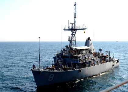 US Navy 101113-N-6266K-043 The Avenger-class mine countermeasure ship USS Scout (MCM 8) prepares to pull alongside the Royal Navy Fleet Auxiliary l