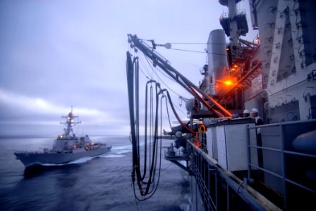 US Navy 101116-N-6552M-012 The guided-missile destroyer USS Sampson (DDG 102) is underway with the amphibious assault ship USS Boxer (LHD 4) before