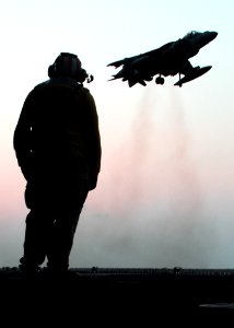 US Navy 101120-N-5538K-153 An AV-8B Harrier jet aircraft assigned to Marine Attack Squadron (VMA) 542 land aboard the forward-deployed amphibious