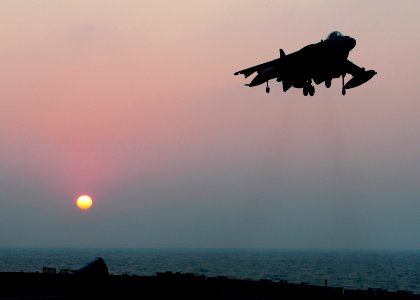 US Navy 101120-N-5538K-088 An AV-8B Harrier jet aircraft assigned to Marine Attack Squadron (VMA) 542 prepares to land
