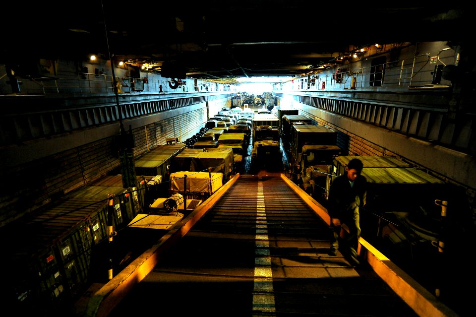 US Navy 101116-N-8335D-029 Vehicles of the 31st Marine Expeditionary Unit (31st MEU) fill the well deck of the amphibious dock landing ship USS Tor