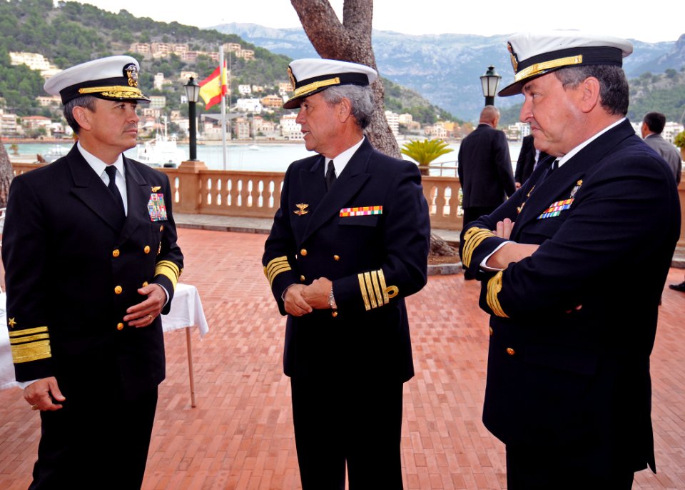US Navy 101117-N-1512O-276 Vice Adm. Harry B. Harris Jr., left, commander of U.S. 6th Fleet, speaks with Spanish Navy Capt. Paco Arenas