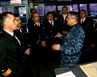 US Navy 101122-N-6724S-010 Chief Hospital Corpsman Carlos Enriques guides Chilean navy medical corps personnel on a tour of High Speed Vessel Swift
