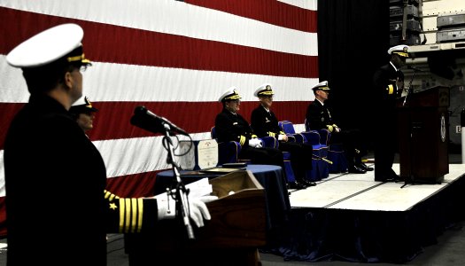 US Navy 101119-N-7508R-006 Rear Adm. Kevin D. Scott, commander of Expeditionary Strike Group (ESG) 2, speaks during a change of command ceremony photo