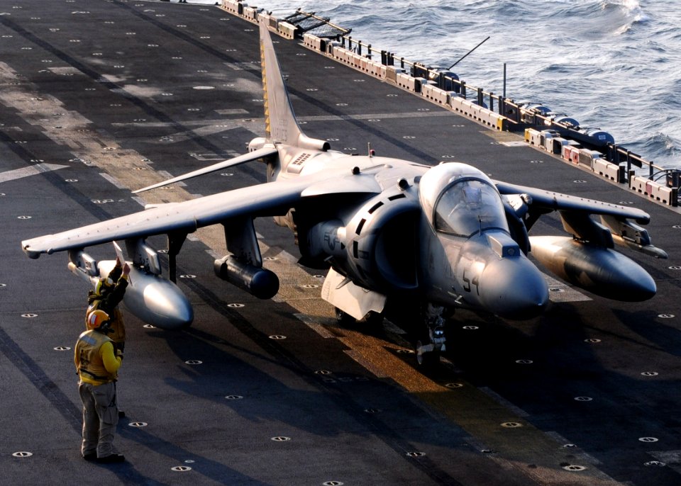 US Navy 101120-N-5538K-011 An AV-8B Harrier jet aircraft assigned to Marine Attack Squadron (VMA) 542 for take-off from the forward-deployed amphib