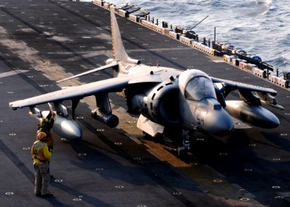US Navy 101120-N-5538K-011 An AV-8B Harrier jet aircraft assigned to Marine Attack Squadron (VMA) 542 for take-off from the forward-deployed amphib