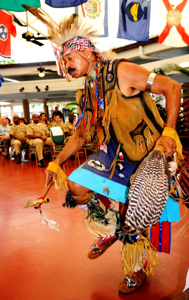 US Navy 101118-N-7498L-060 Native American Dr. David Bevett performs a traditional inter-tribal dance during the Native American heritage