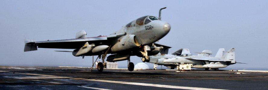 US Navy 101129-N-7103C-009 An EA-6B Prowler assigned to the Gauntlets of Electronic Attack Squadron (VAQ) 136 lands aboard the aircraft carrier USS