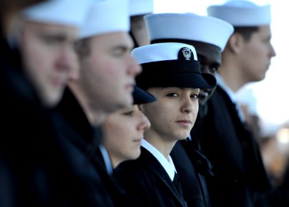 US Navy 101130-N-2055M-135 Sailors man the rails as the aircraft carrier USS Carl Vinson (CVN 70) departs for a three-week composite training unit