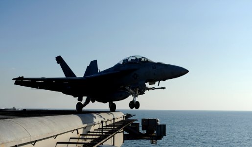 US Navy 101122-N-6427M-106 An F-A-18F Super Hornet assigned to the Swordsmen of Strike Fighter Squadron (VFA) 32 launches from the aircraft carrier