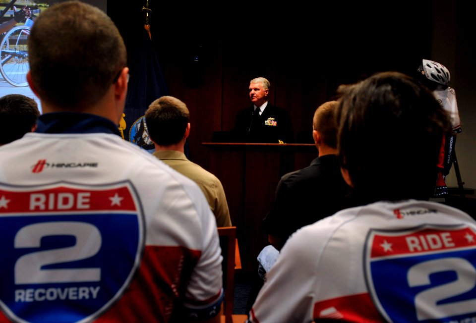 US Navy 101121-N-8273J-012 Chief of Naval Operations (CNO) Adm. Gary Roughead speaks at a welcoming ceremony for the Ride 2 Recovery program at Nat