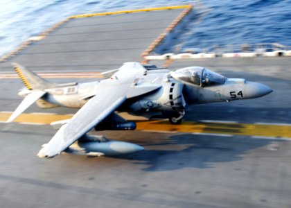 US Navy 101120-N-5538K-019 An AV-8B Harrier jet aircraft assigned to Marine Attack Squadron (VMA) 542 takes off from the forward-deployed amphibiou