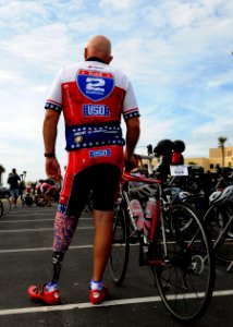 US Navy 101120-N-5812W-003 Dan O'Connor waits his turn to put his bike away after completing the 350-mile Ride 2 Recovery Challenge. O'Connor was o