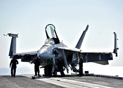 US Navy 101122-N-6003P-011 Sailors ready an F-A-18E Super Hornet for afternoon flight operations aboard the aircraft carrier USS Harry S. Truman (C